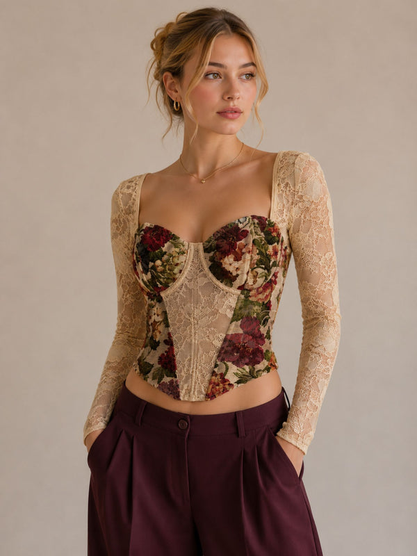 Floral Lace Long Sleeve Corset Top With Lace-Up Back