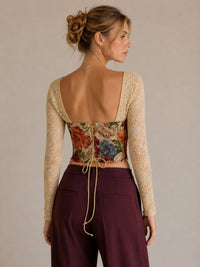 Floral Lace Long Sleeve Corset Top With Lace-Up Back