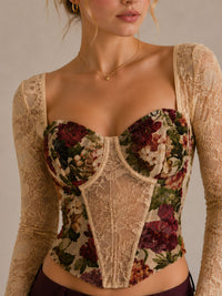 Floral Lace Long Sleeve Corset Top With Lace-Up Back