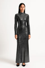 front view of shimmering metallic sequin texture on full-length silhouette maxi dress