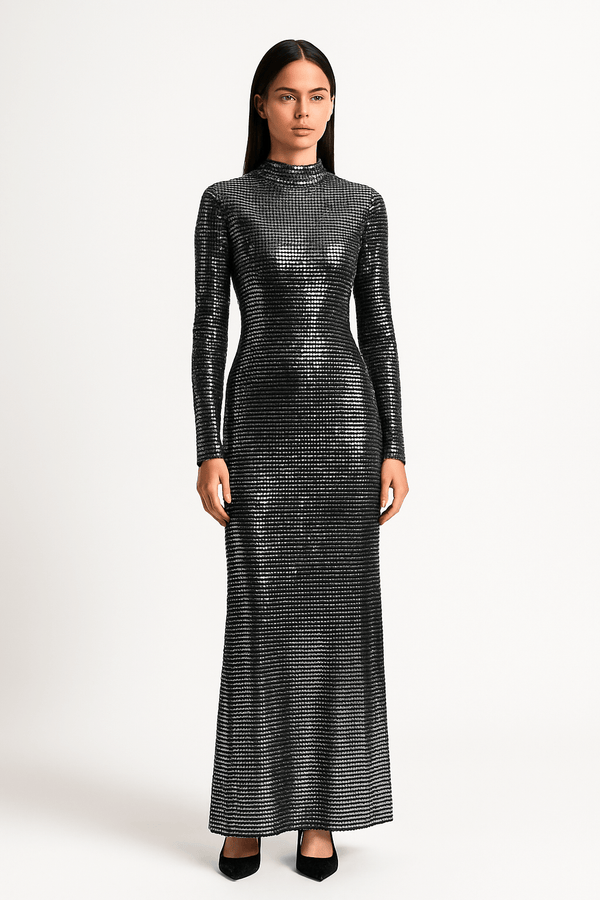 front view of shimmering metallic sequin texture on full-length silhouette maxi dress
