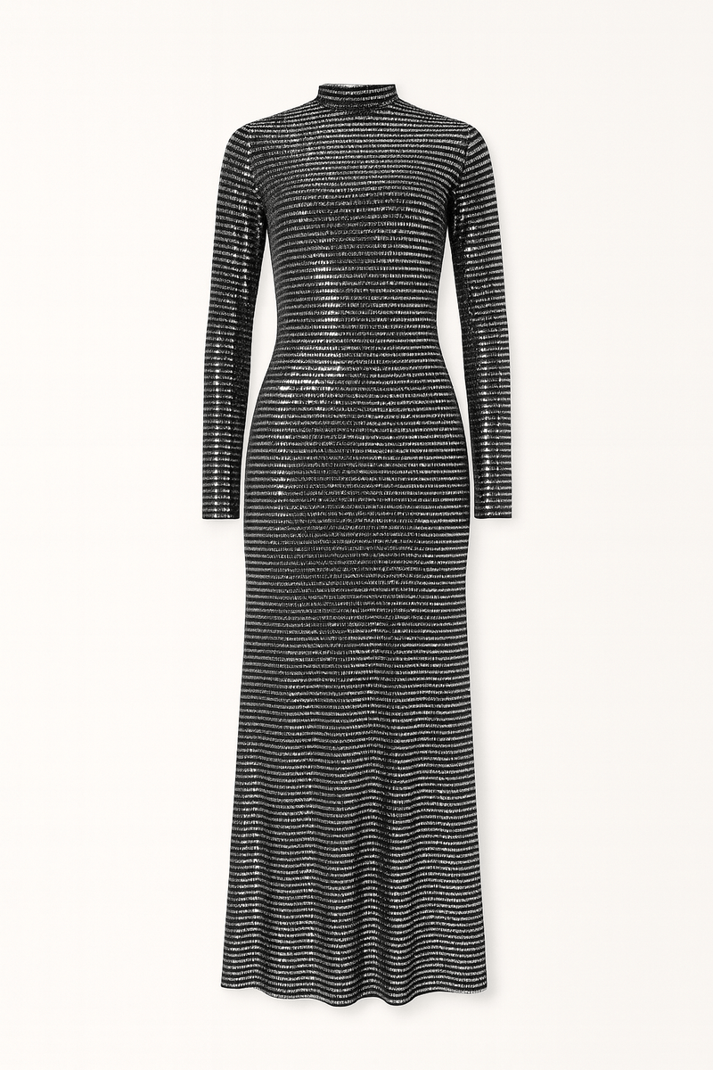 Front view of metallic sequin full-length silhouette fit maxi dress, shimmering elegance