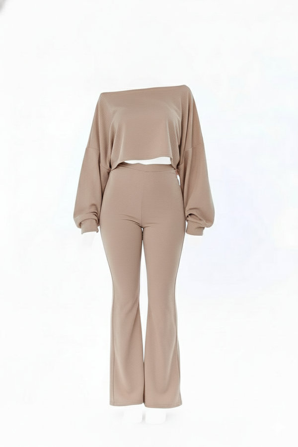 Nude Ribbed Two-Piece Off-the-Shoulder Crop Top Wide Leg Trouser Set