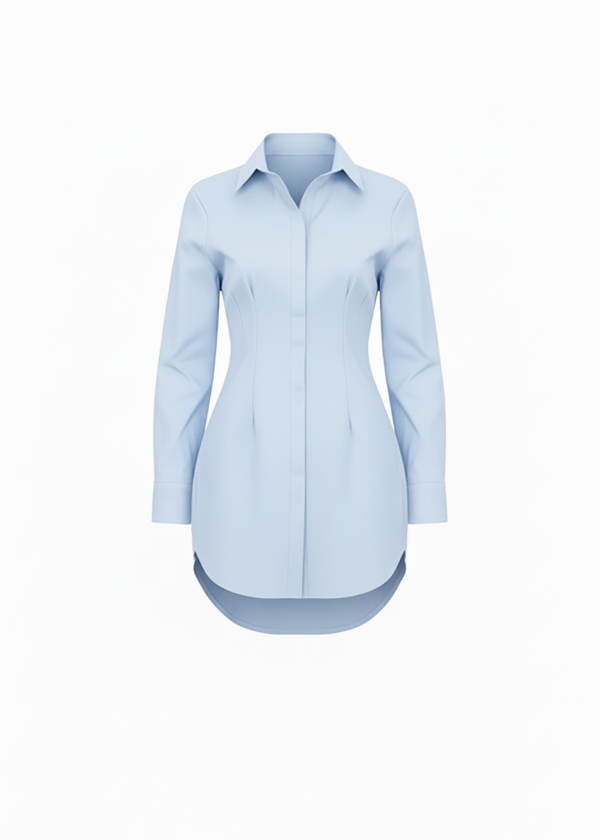 Baby Blue Classic Shirt Mini Dress Button Down Long Sleeve Fitted Style
