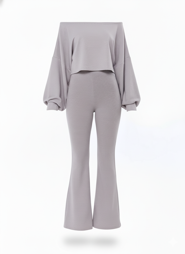 Lilac Ribbed Two-Piece Off-the-Shoulder Crop Top Wide Leg Trouser Set