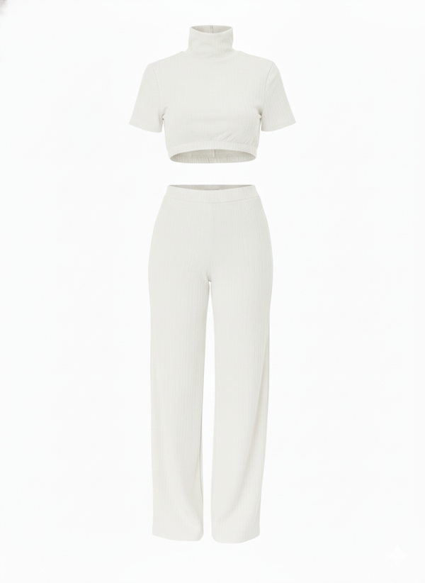 White Wide-Leg Trousers Co-Ord Set High Neck Short Sleeve T-Shirt