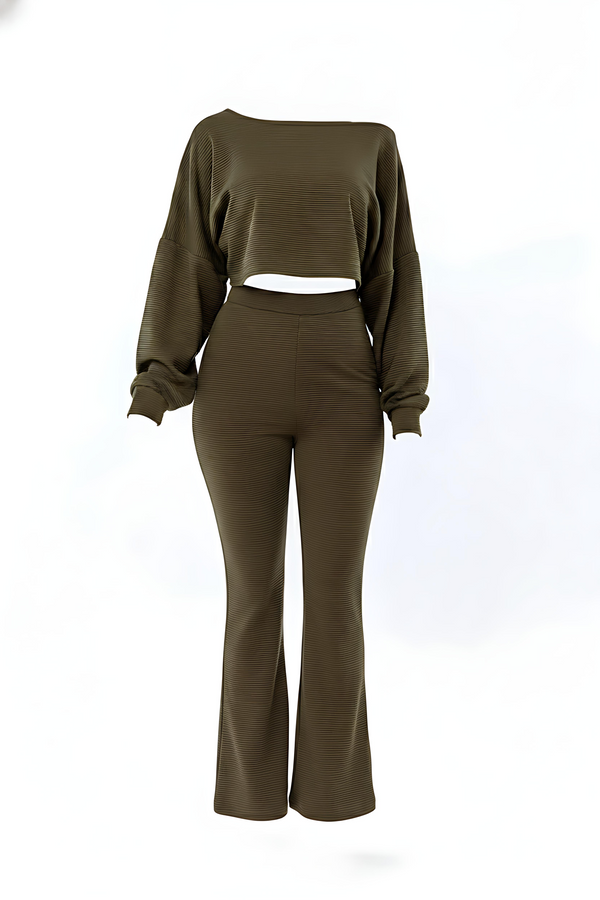 Khaki Ribbed Two-Piece Off-the-Shoulder Crop Top Wide Leg Trouser Set
