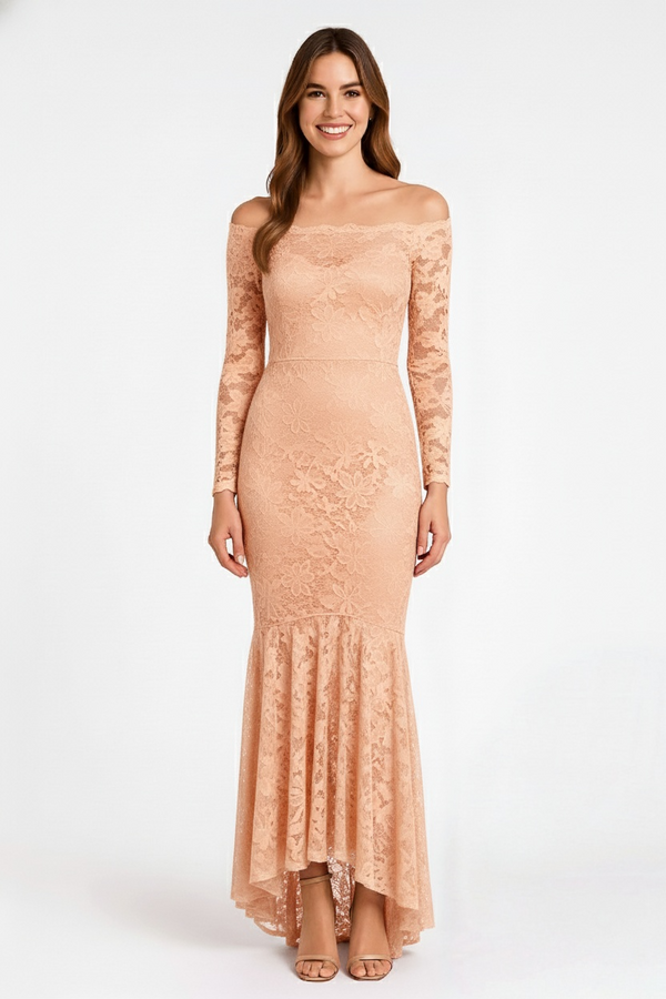 Stone Floral Bodycon Lace Off-Shoulder Maxi Dress