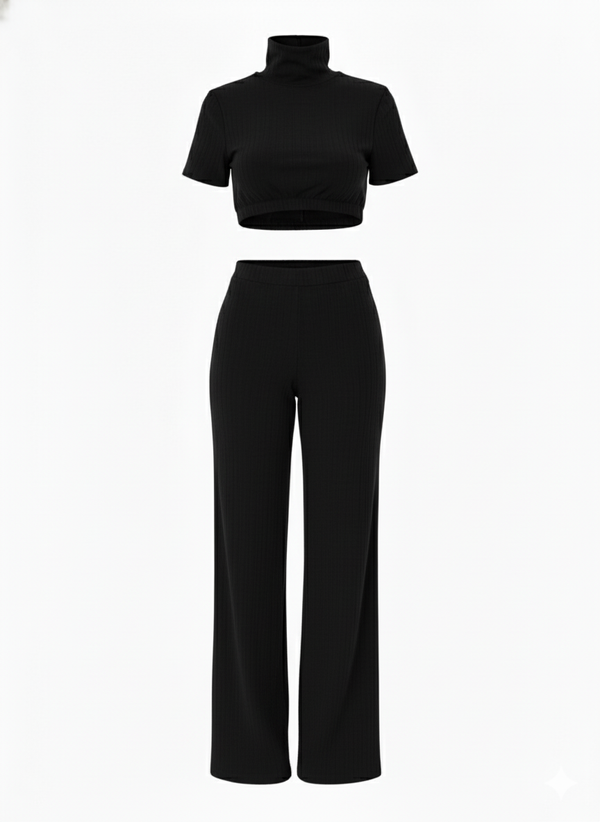 Black Wide-Leg Trousers Co-Ord Set High Neck Short Sleeve T-Shirt