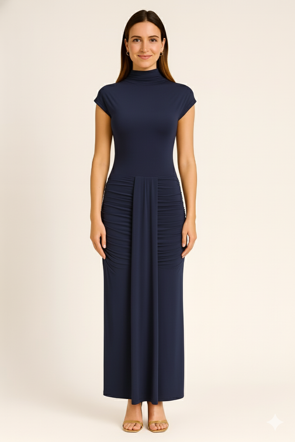 Navy Cap Sleeve Jersey Ruched Waist Maxi Style Evening Gown