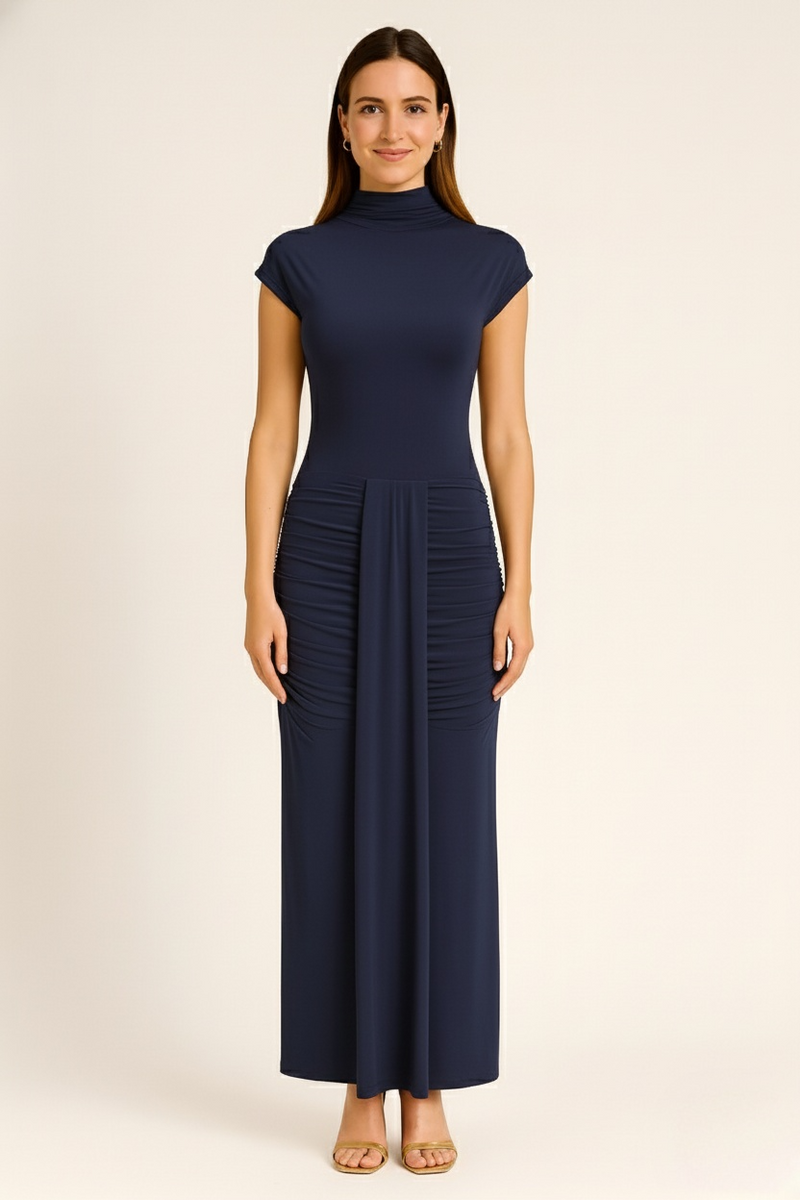 Navy Cap Sleeve Jersey Ruched Waist Maxi Style Evening Gown