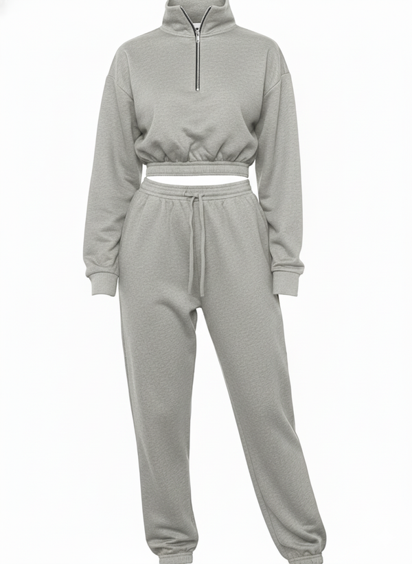 Grey Long Sleeve Zipper Crop Top Oversized Matching Joggers