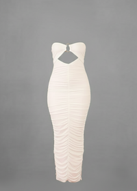White Ruched Bodycon Fit Slinky Bandeau Midi Dress