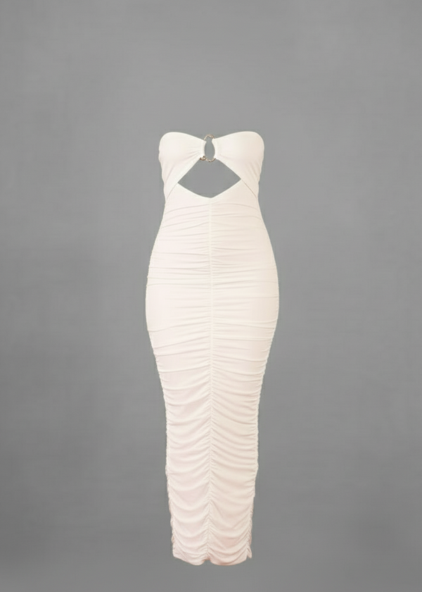 White Ruched Bodycon Fit Slinky Bandeau Midi Dress