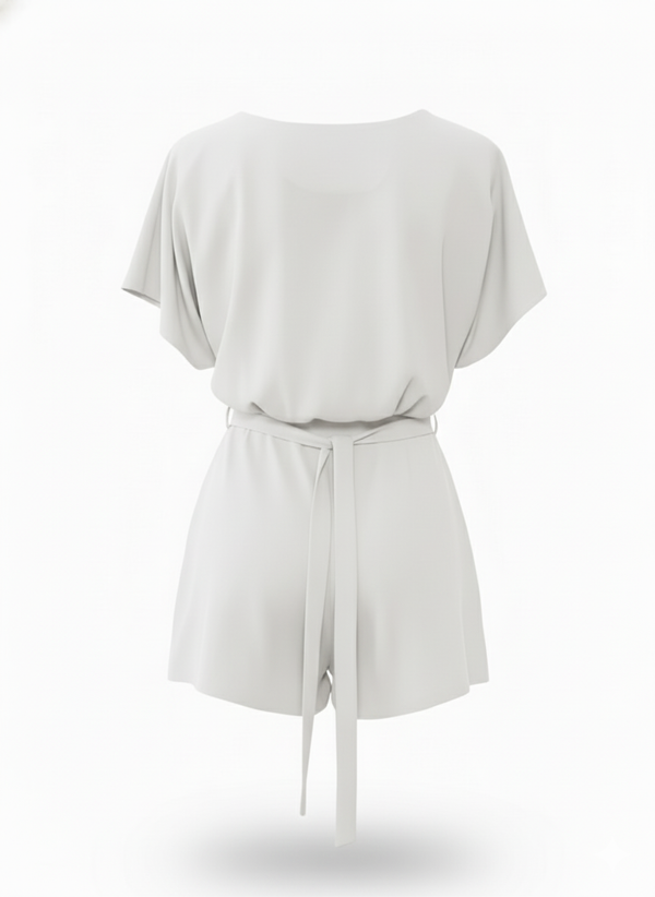 White Short Sleeve Tie Waist Playsuit with Belted Detail