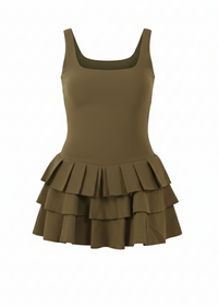 Khaki Ruffled Skirt Pleated Stretch Woven Fabric Skater Playsuit