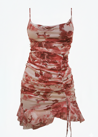 Printed Mesh Mini Dress Dragon Print Ruched Bodice