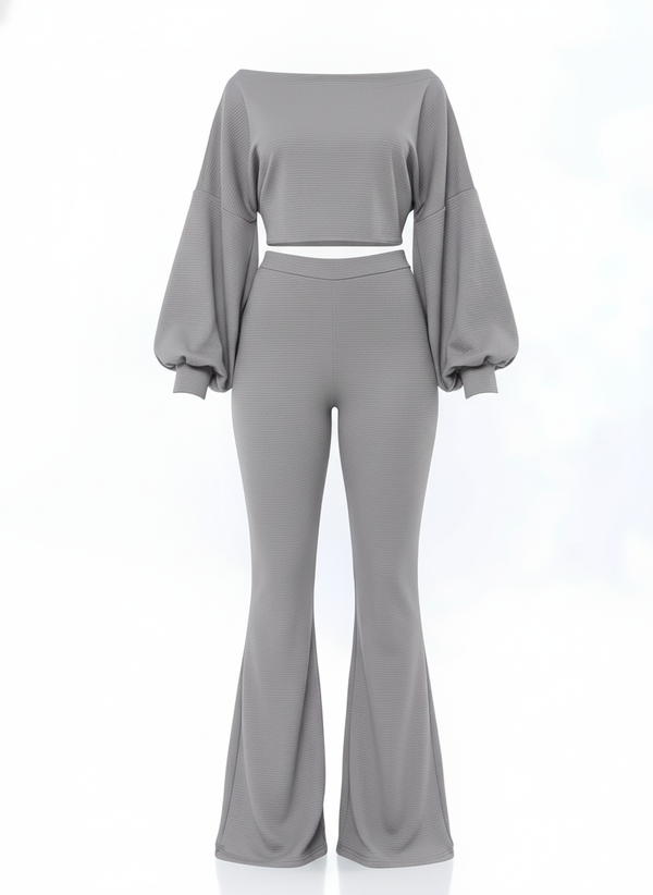 Grey Ribbed Two-Piece Off-the-Shoulder Crop Top Wide Leg Trouser Set