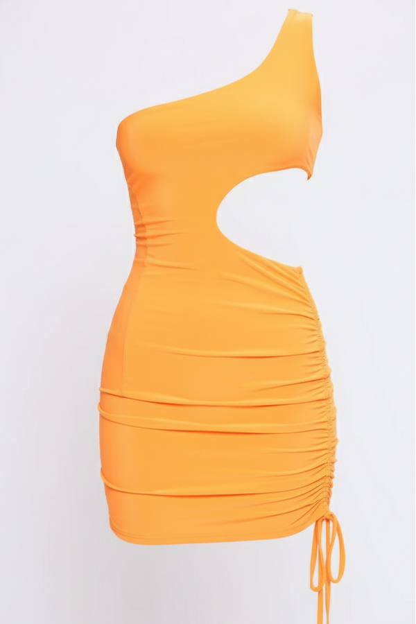 Orange One Shoulder Cut Out Ruched Bodycon Mini Dress