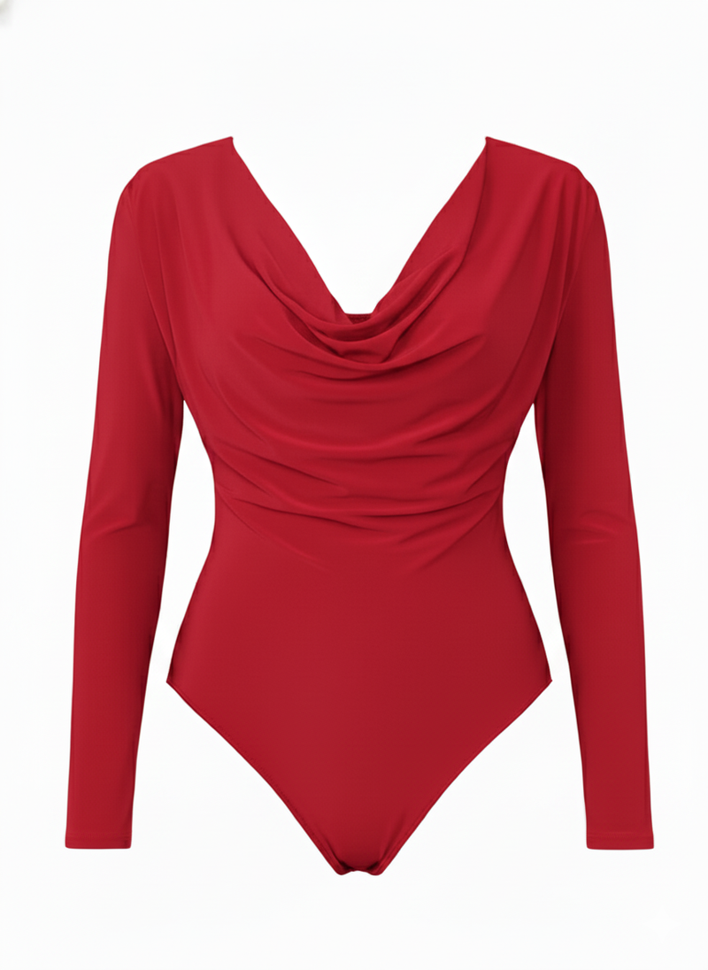 Draped Cowl Neck Slim Fit Long Sleeve Bodysuit