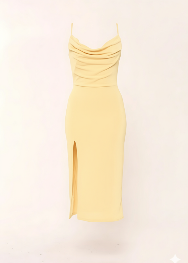 Blue Slinky Cowl Neck Midi Slip Dress With Side Slit