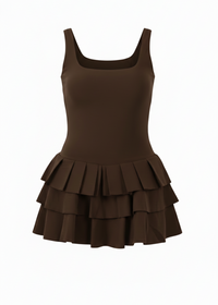 Brown Ruffled Skirt Pleated Stretch Woven Fabric Skater Playsuit