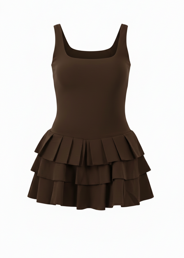 Brown Ruffled Skirt Pleated Stretch Woven Fabric Skater Playsuit