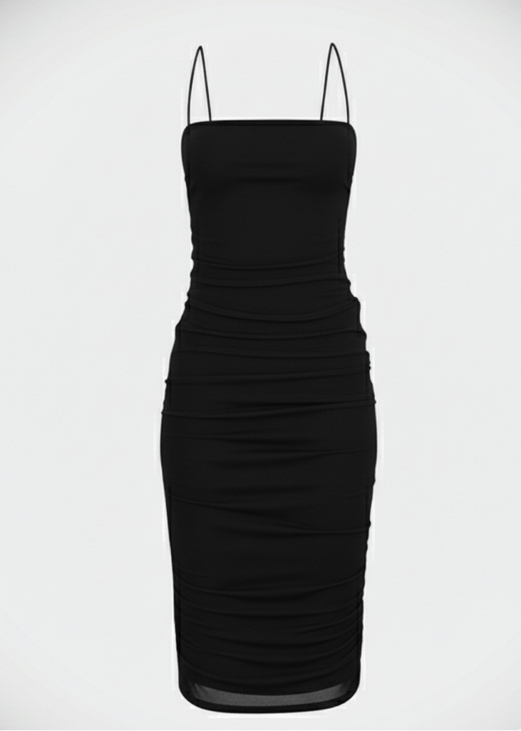 Black Mesh Bodycon Side Drawstring Detail Midi Dress