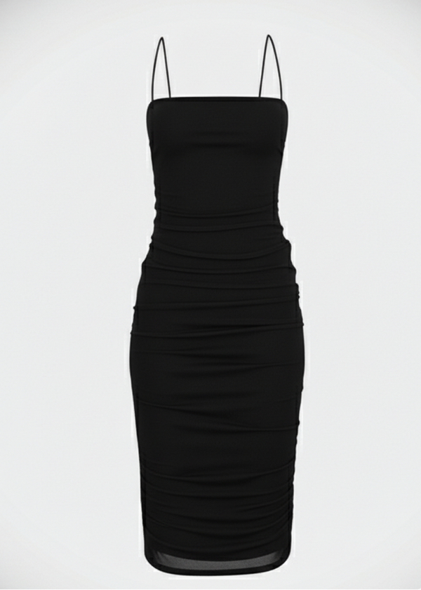 Black Mesh Bodycon Side Drawstring Detail Midi Dress
