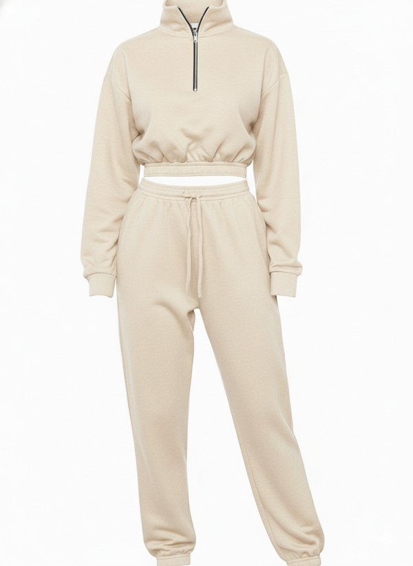 Nude Long Sleeve Zipper Crop Top Oversized Matching Joggers