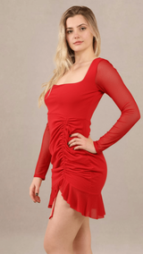 Figure-Hugging Ruched Flounce Hem Stretch Mesh Mini Dress