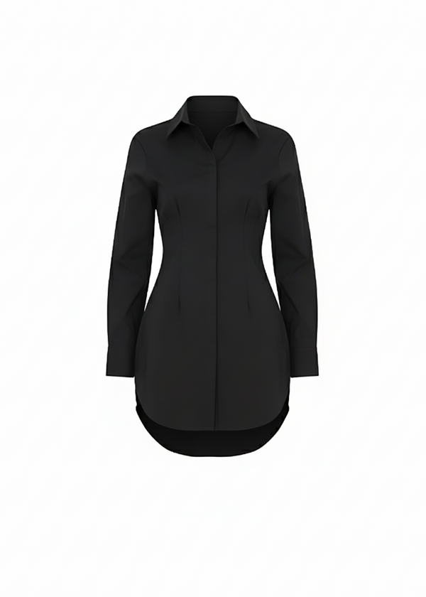 Black Classic Shirt Mini Dress Button Down Long Sleeve Fitted Style