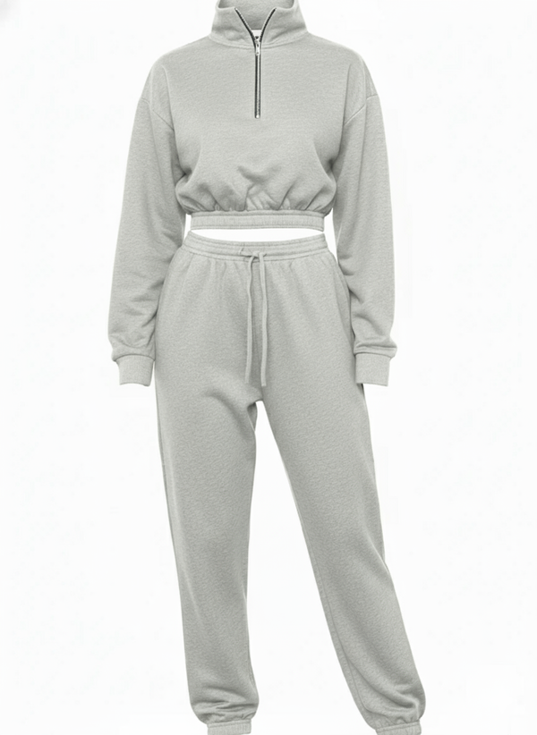 Grey Long Sleeve Zipper Crop Top Oversized Matching Joggers