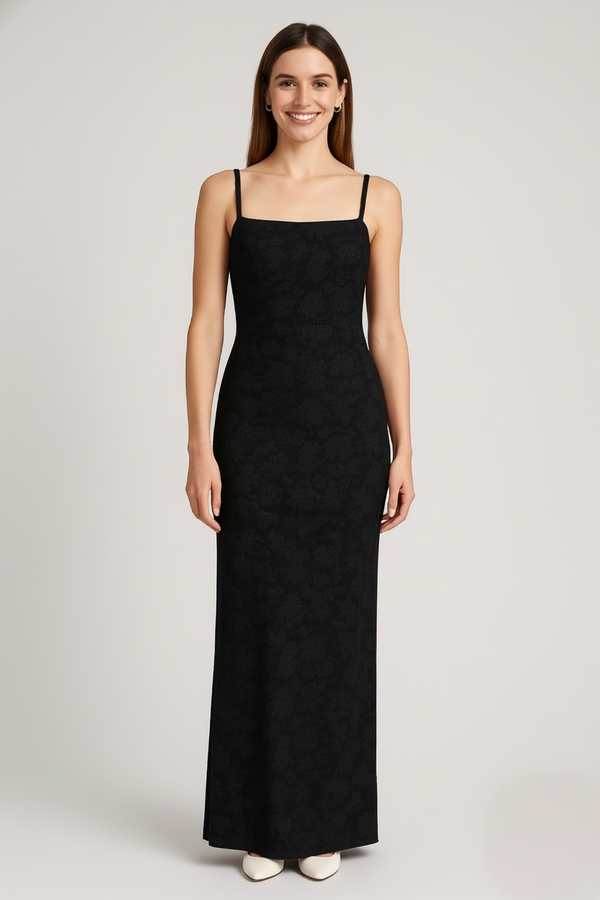 Black Thin Adjustable Straps Jacquard Bodycon Formal Evening Maxi Dress