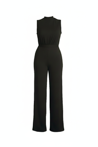 Black Scuba High Neck Tie Waist Wide Leg Jumpsuit