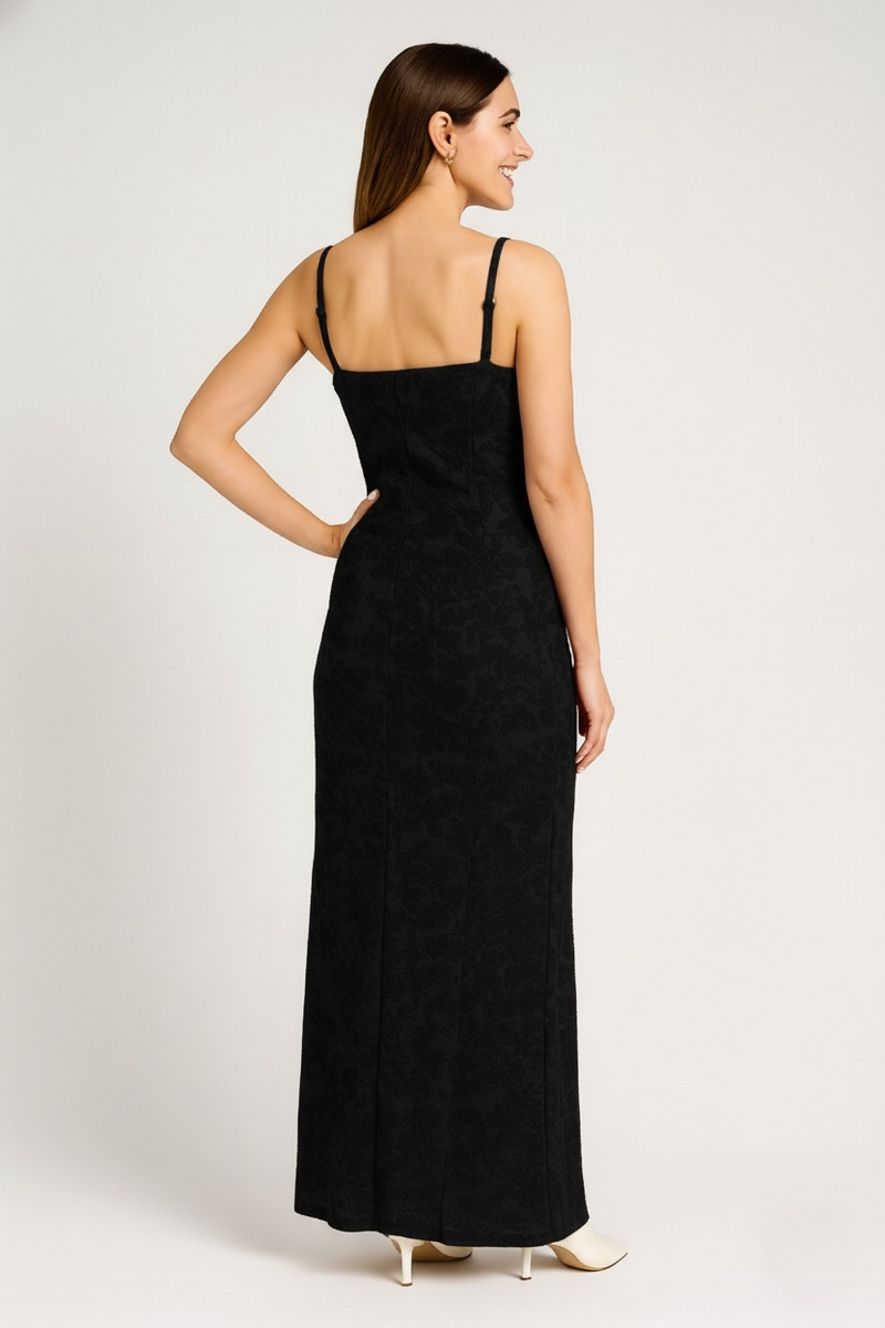 Black Thin Adjustable Straps Jacquard Bodycon Formal Evening Maxi Dress