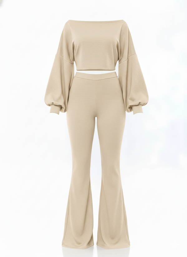 Nude Ribbed Two-Piece Off-the-Shoulder Crop Top Wide Leg Trouser Set