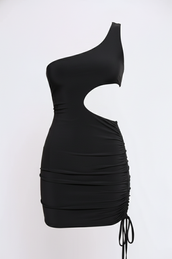 Black One Shoulder Cut Out Ruched Bodycon Mini Dress