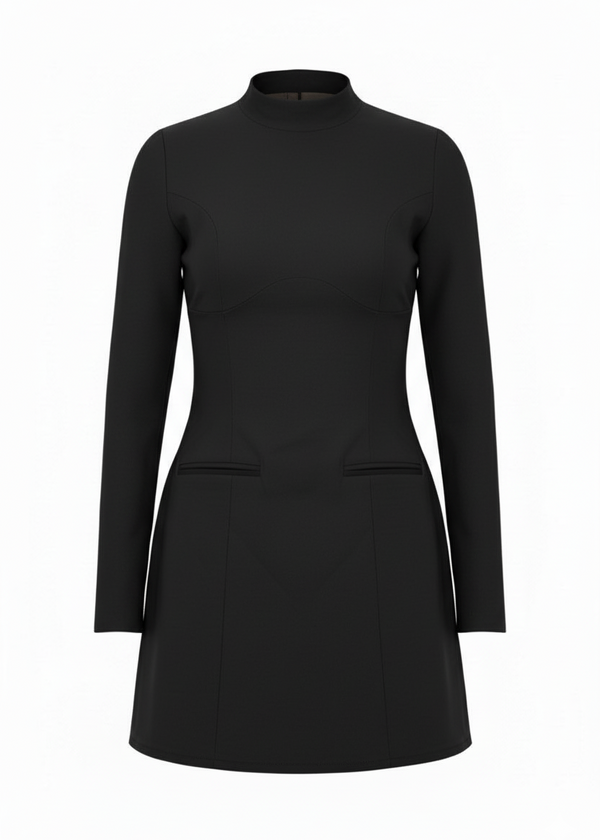Black Fitted Long Sleeve A-Line Style Mini Dress
