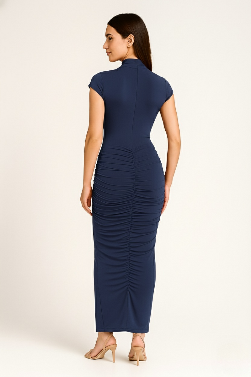 Navy Cap Sleeve Jersey Ruched Waist Maxi Style Evening Gown