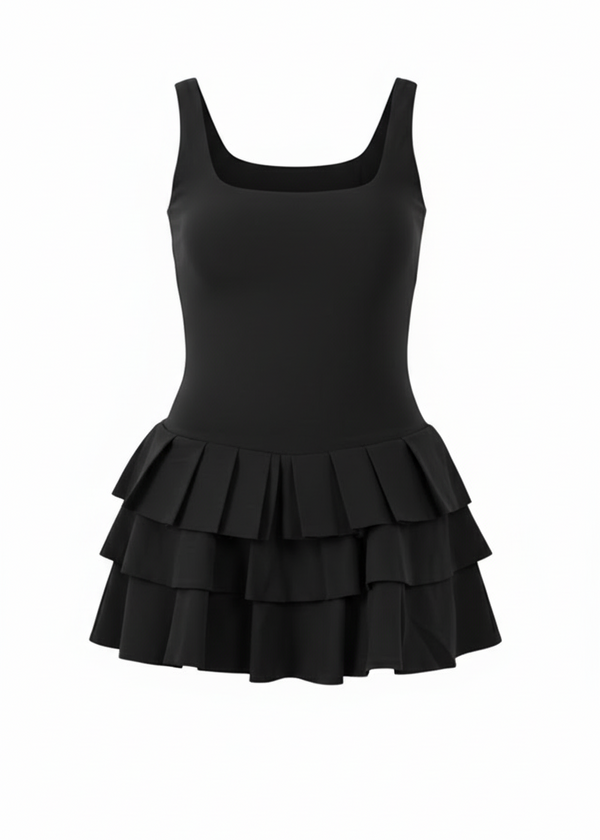 Ruffled Skirt Pleated Stretch Woven Fabric Skater Playsuit