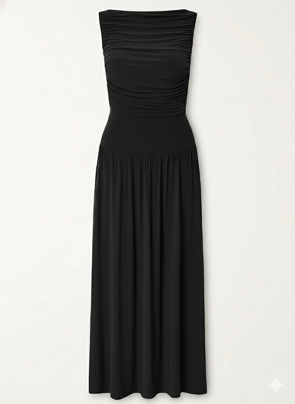 Black Draped Bodice Jersey Flowy Skirt Style Evening Dress