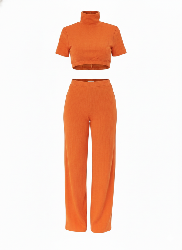Orange Wide-Leg Trousers Co-Ord Set High Neck Short Sleeve T-Shirt