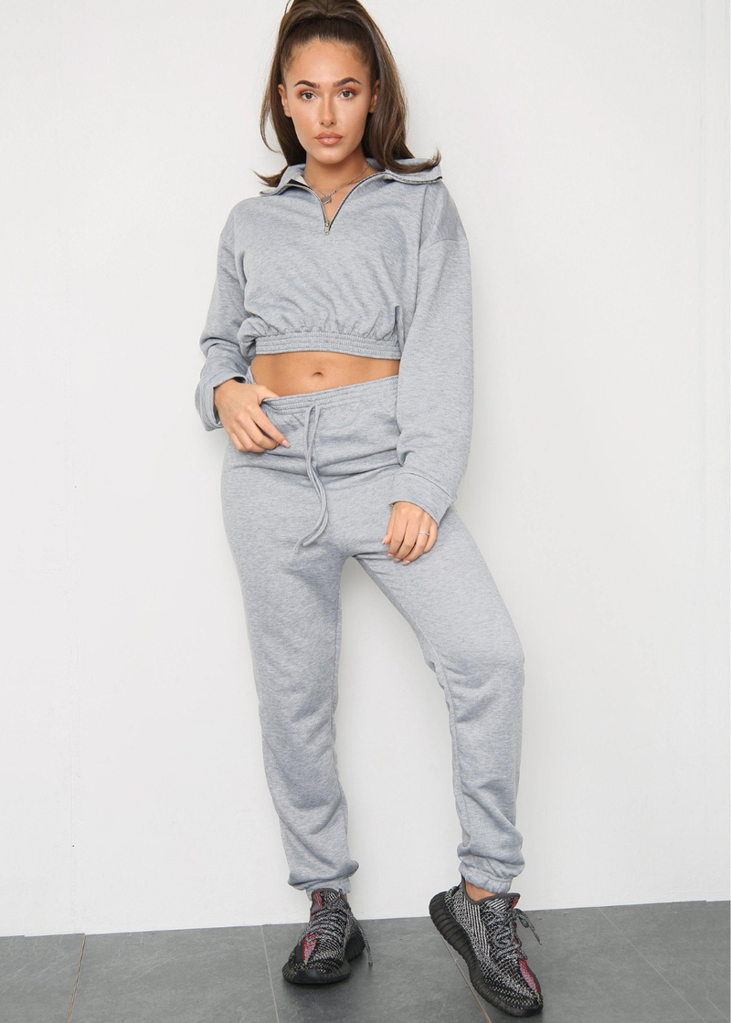 Grey Long Sleeve Zipper Crop Top Oversized Matching Joggers