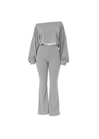 Grey Ribbed Two-Piece Off-the-Shoulder Crop Top Wide Leg Trouser Set