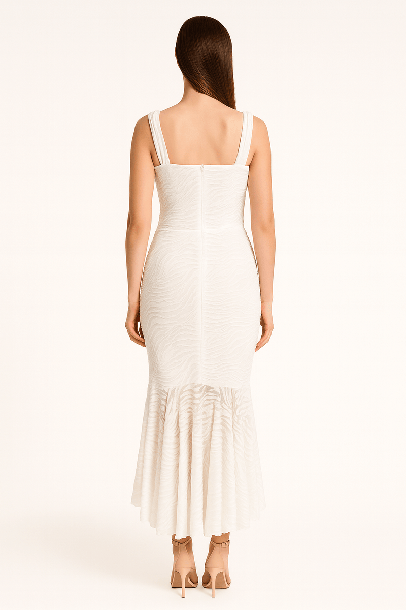 Mermaid Ruched Waist Sleeveless Flared Hem Midi Dress