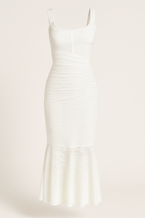 Mermaid Ruched Waist Sleeveless Flared Hem Midi Dress
