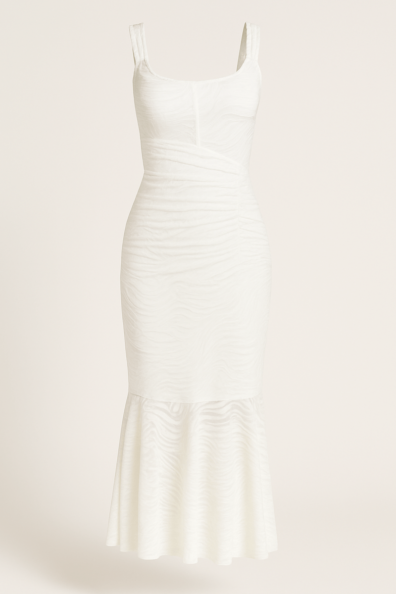 Mermaid Ruched Waist Sleeveless Flared Hem Midi Dress