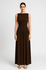 Draped Bodice Jersey Flowy Skirt Style Evening Dress