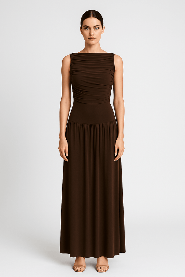 Draped Bodice Jersey Flowy Skirt Style Evening Dress